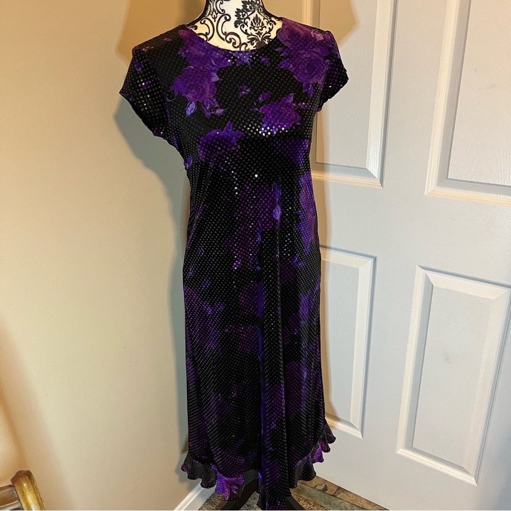 Vintage My Michelle Purple velvet Sequins floral Dress Fitted Spandex Ruffles